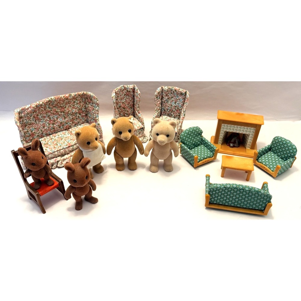 Doll House LOT VTG Furniture Living Room Calico Epoch Fireplace Cottage Bears